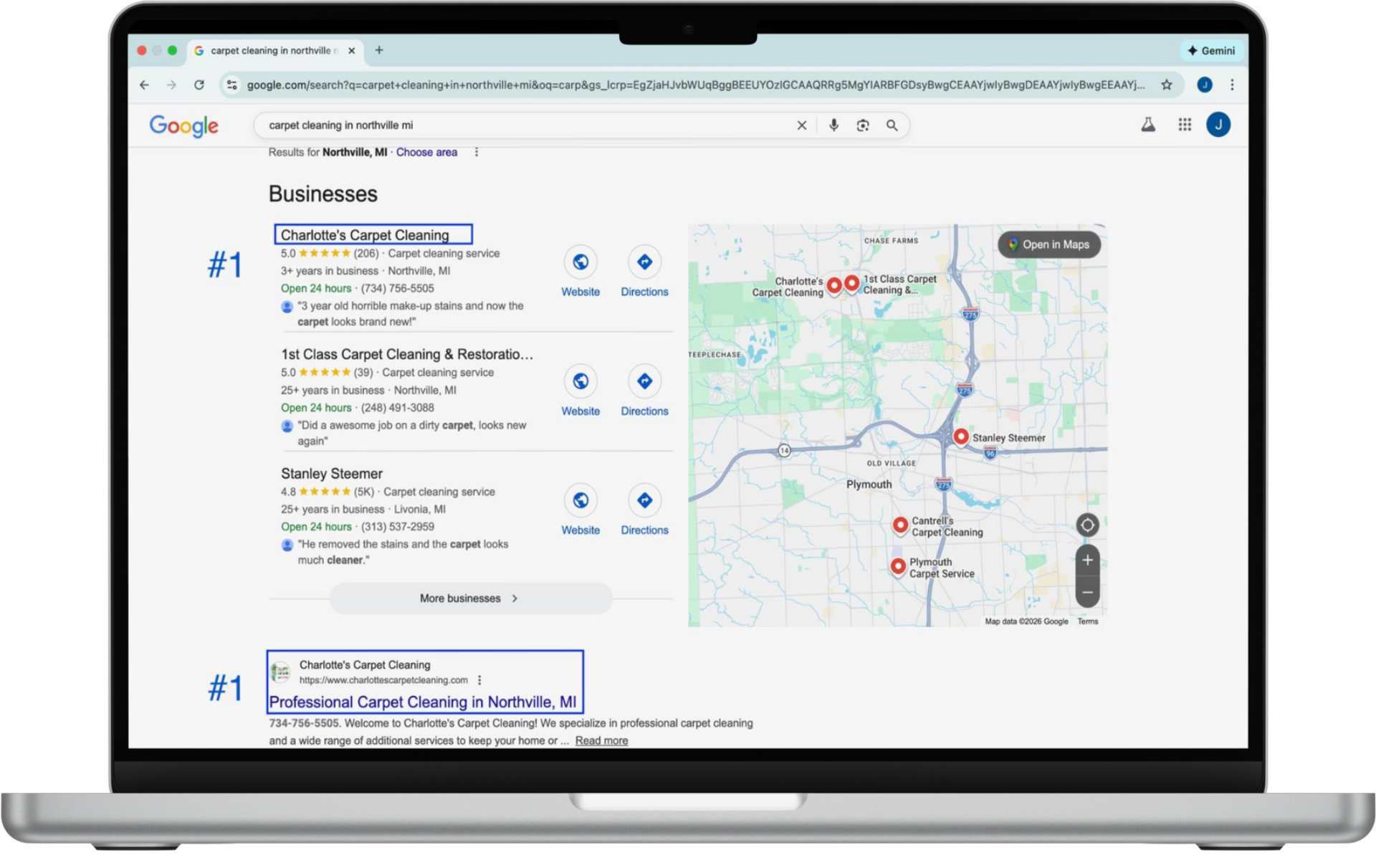 Laptop screen displaying Google search results for a business, with map and business details.