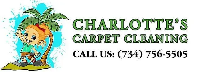 Logo for Charlotte's Carpet Cleaning featuring a cartoon character, palm tree, and phone number.