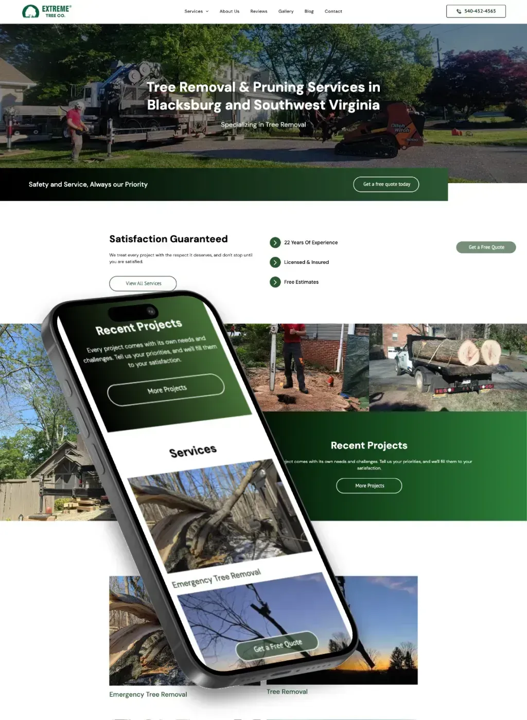 Website homepage for tree removal services in a phone mockup.