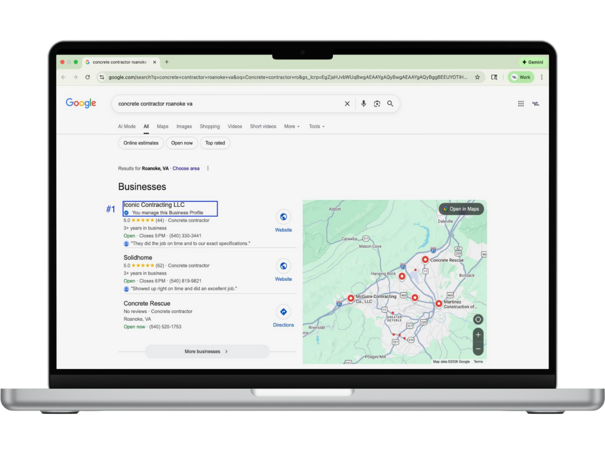 Laptop screen displaying Google search results for a business, with map and business details.