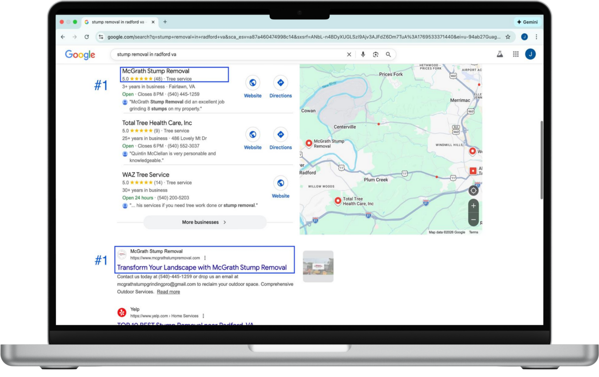 Laptop displaying a Google search result for a location, with map and business information.