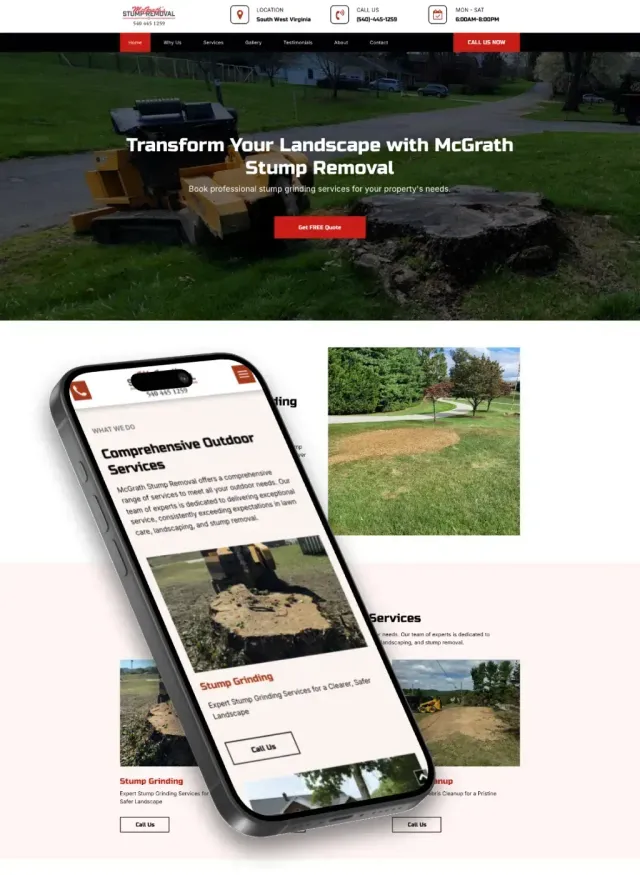 McGrath Stump Removal website; home page with stump grinder and phone displaying site content.