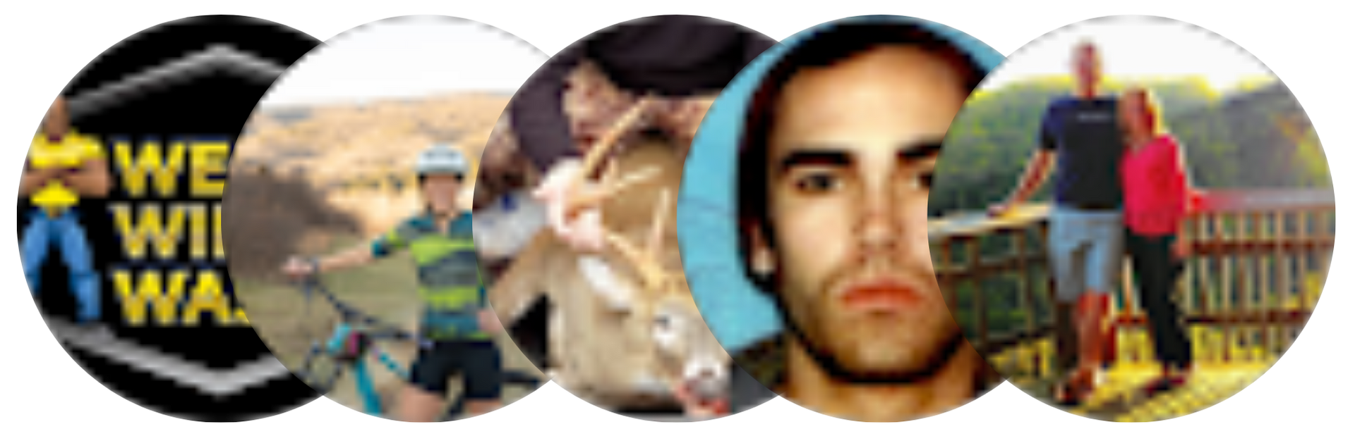 Five overlapping circles with people and scenes: a sign, a bicyclist, a deer, a man's face, a couple near a railing.