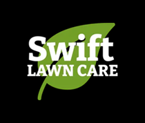 Logo for Swift Lawn Care: white text on a green leaf over a black background.
