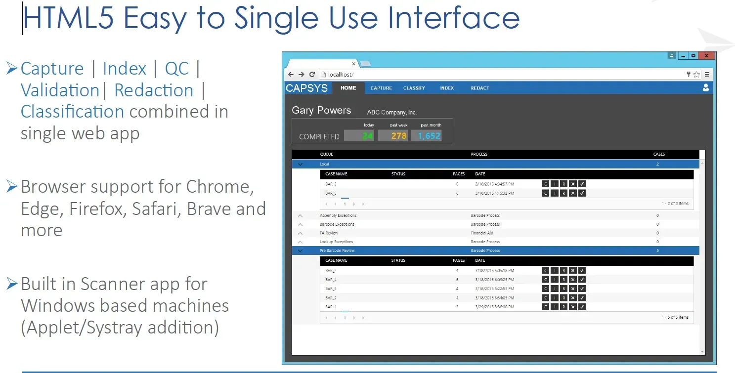 HTML5 easy to single use interface screenshot of capsys web