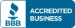 BBB Accredited Business logo, blue and white. Torch with flames and 