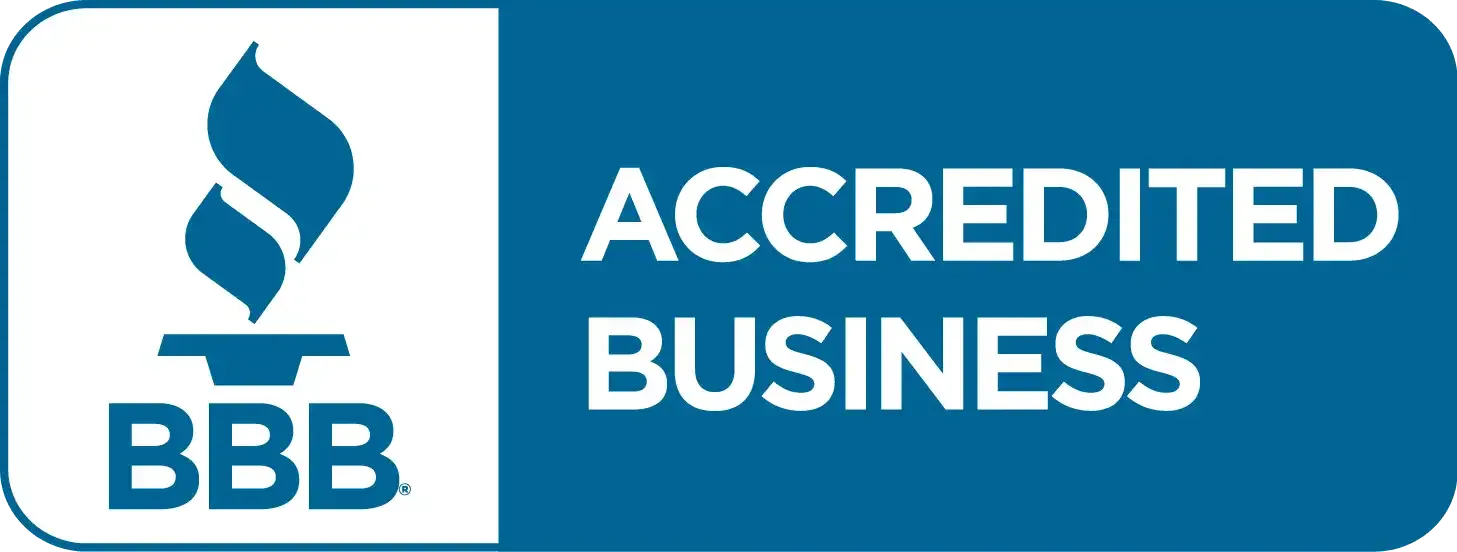 BBB Accredited Business logo, blue and white. Torch with flames and 