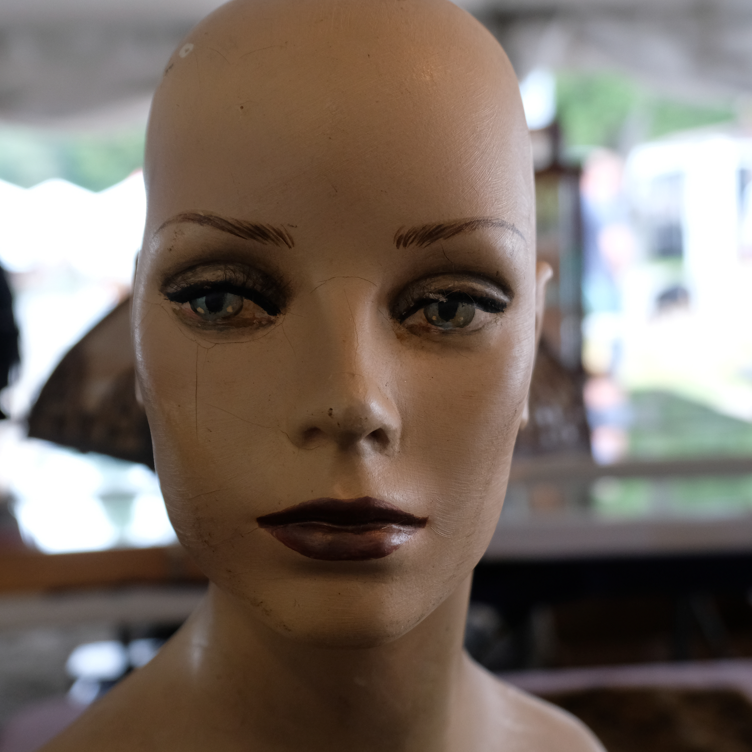 Mannequin head with painted features, focused gaze, and dark lipstick.