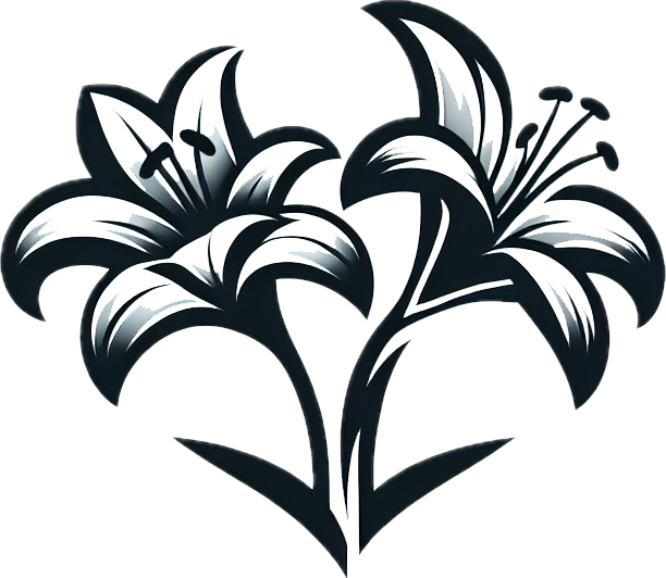 A black and white drawing of a flower with leaves.