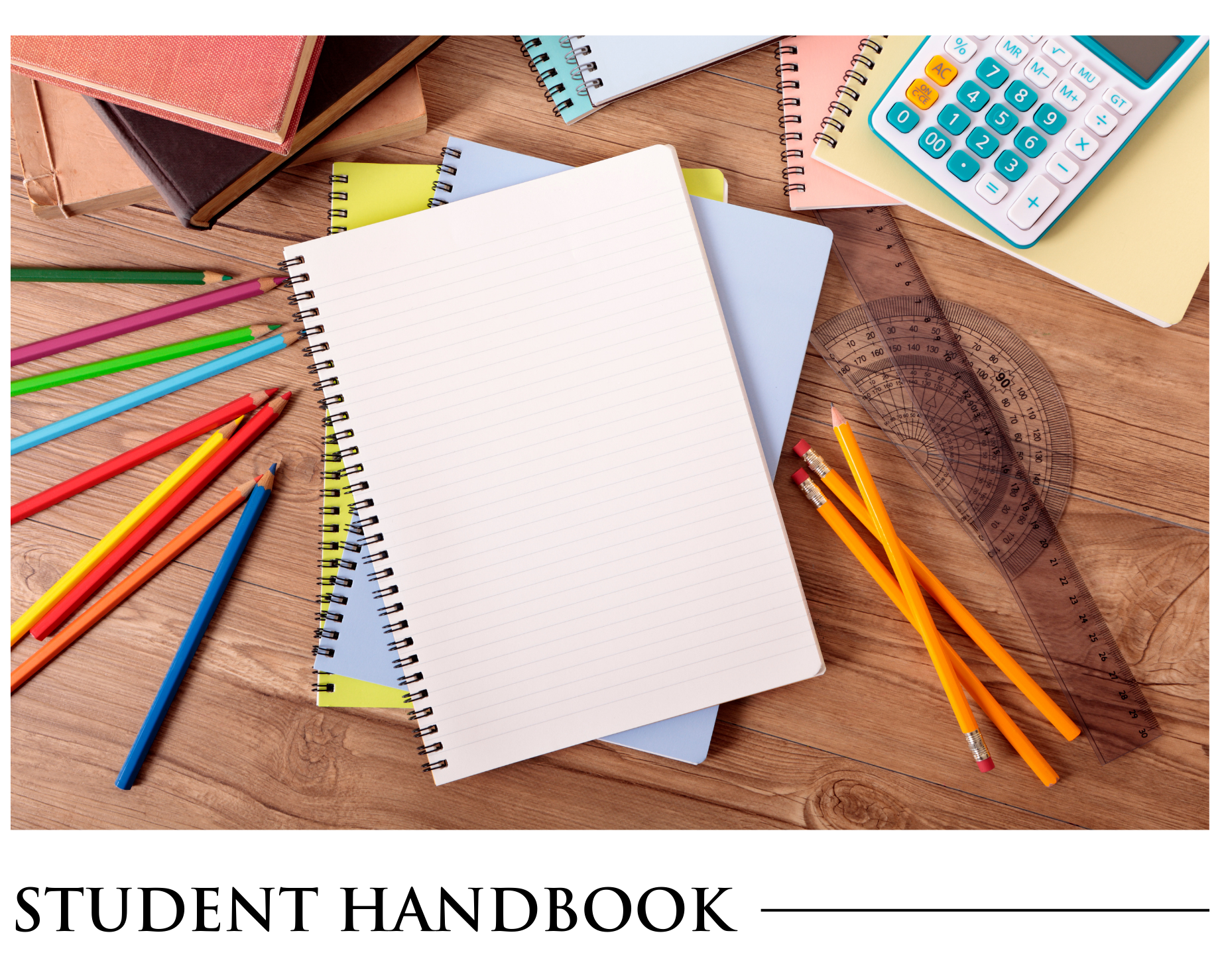 A student handbook with notebooks pencils and a calculator