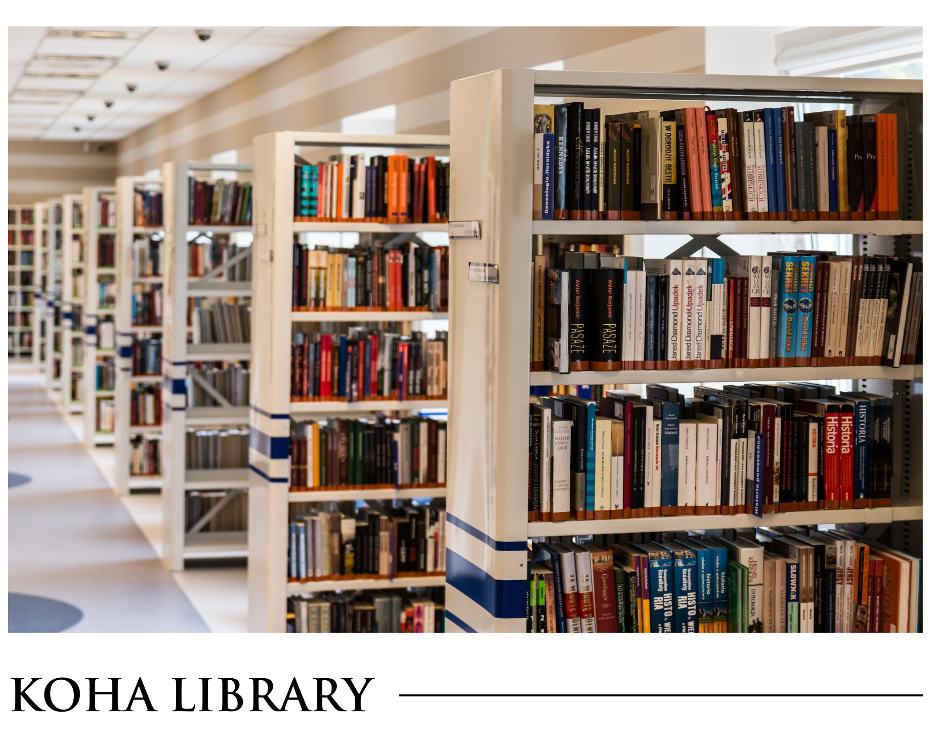 A row of bookshelves in a library with the words koha library on the bottom