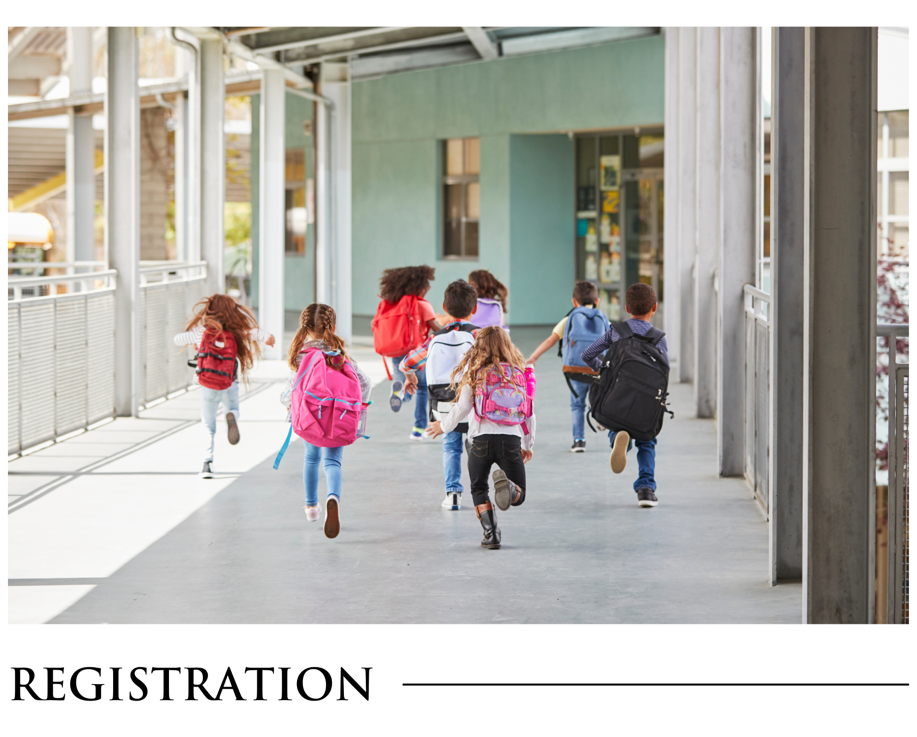 A group of children with backpacks are running down a hallway.