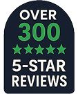 A sticker that says over 300 5 star reviews.
