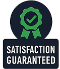 A satisfaction guaranteed sign with a green ribbon and a check mark.