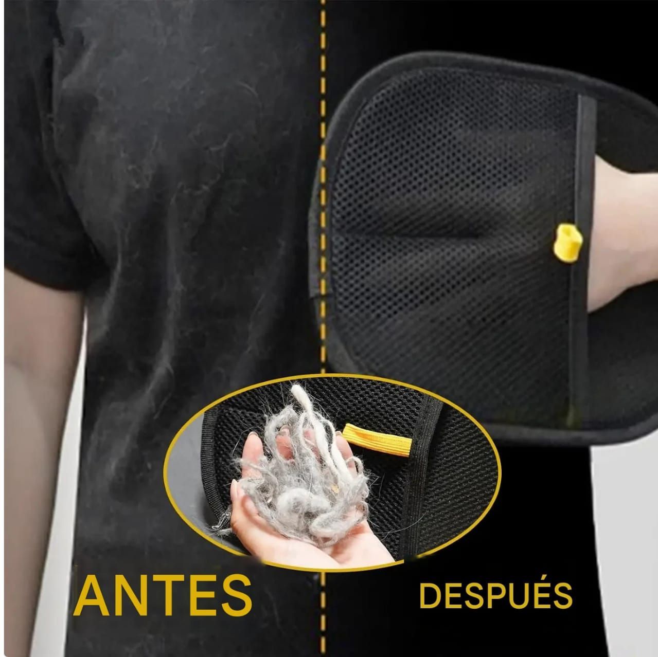 Mano en guante de malla negra con tirador amarillo. Muestra el flujo de aire