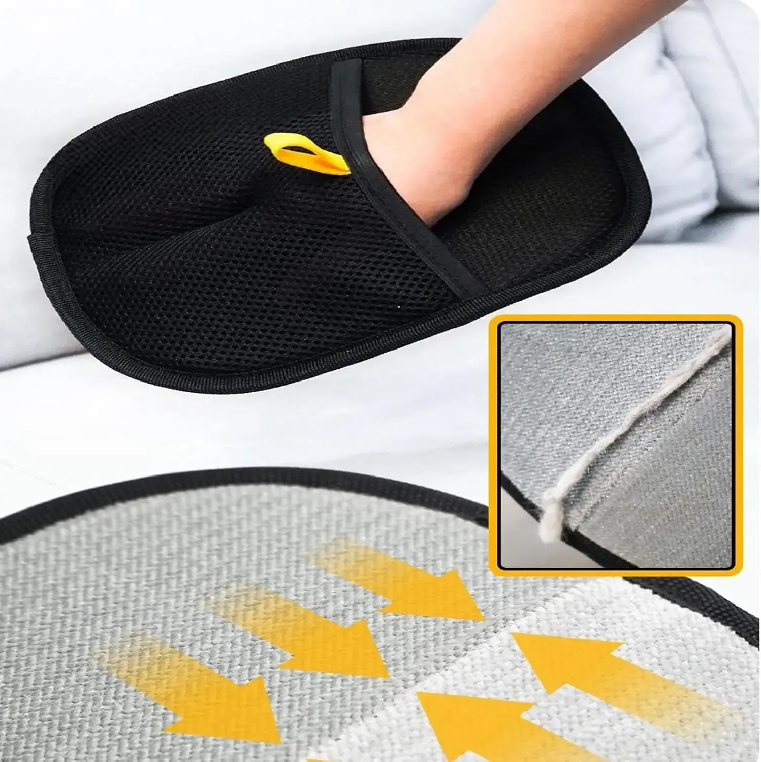 Mitón acolchado negro con una mano en el interior, parte superior de malla y detalle amarillo, indica ondas de calor.