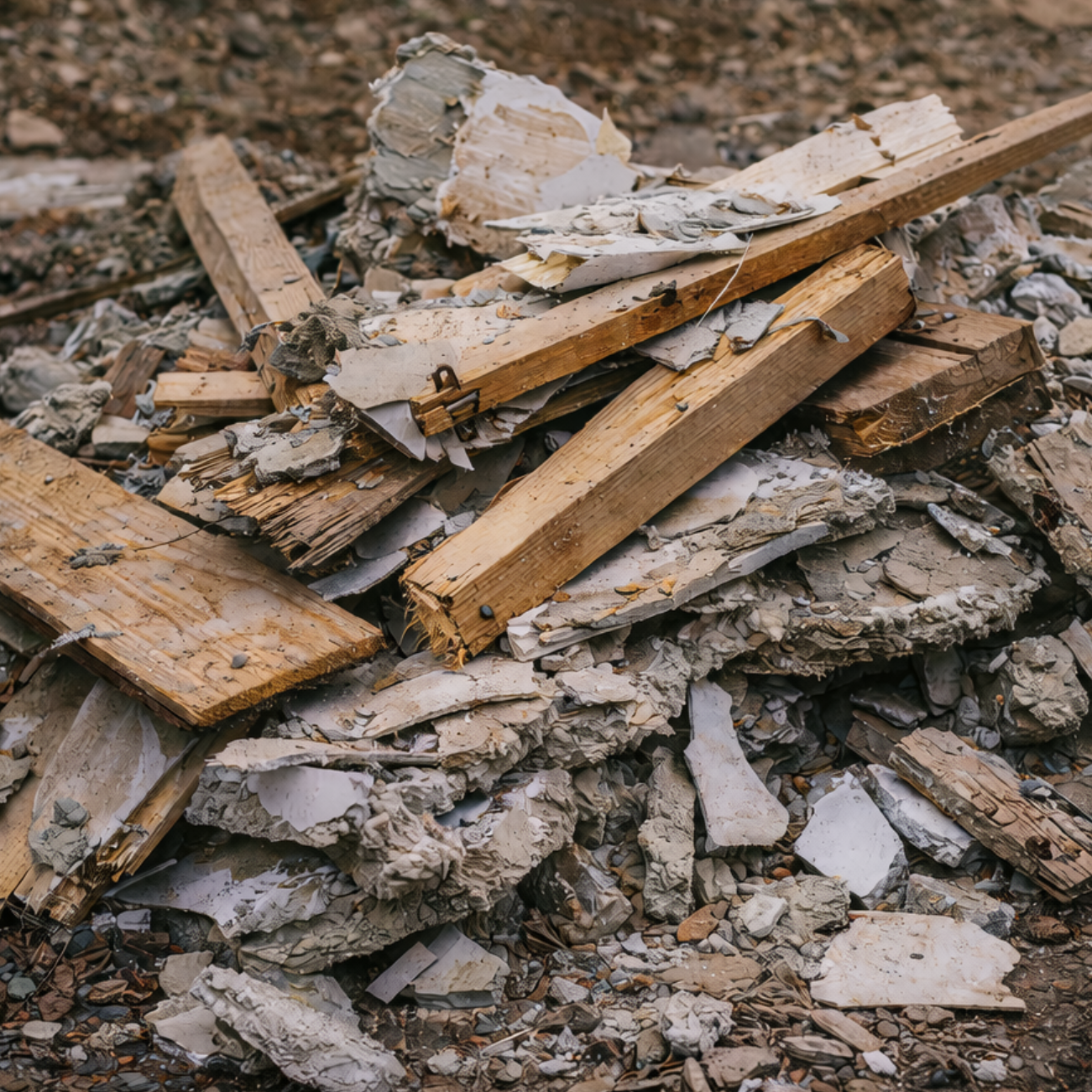 A pile of construction debris featuring broken wooden planks, chunks of concrete, and white drywall scraps.