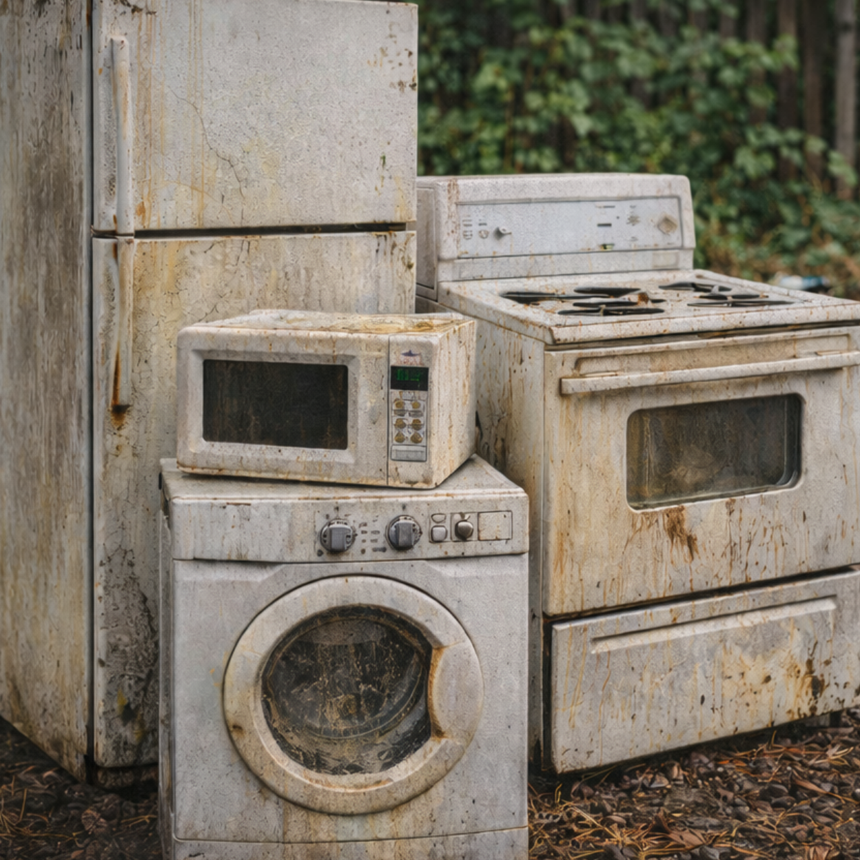 A group of old, rusted, white household appliances, including a refrigerator, stove, washing machine, and microwave.
