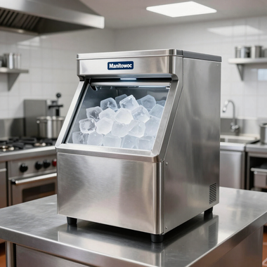 Stainless steel ice machine dispensing ice cubes in a commercial kitchen