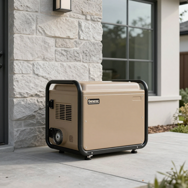 Beige portable generator on a concrete patio beside a stone house wall and window.