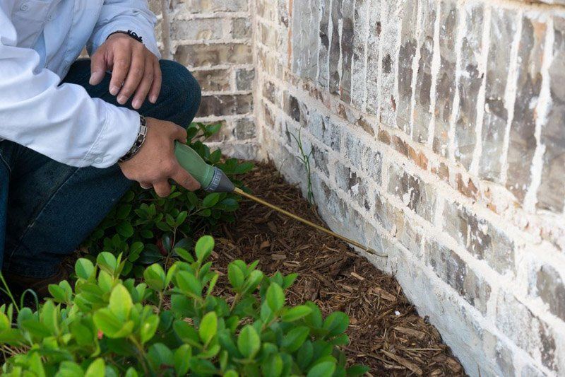 A man is kneeling down next to a brick wall holding a hose.