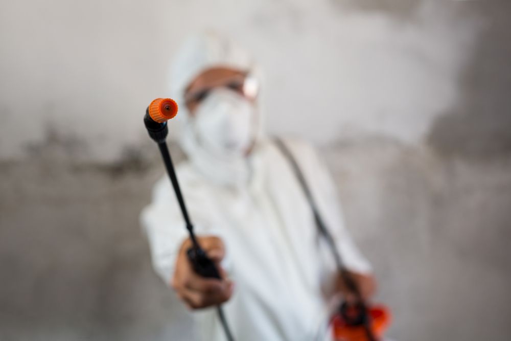A man in a protective suit is spraying a wall with a sprayer.