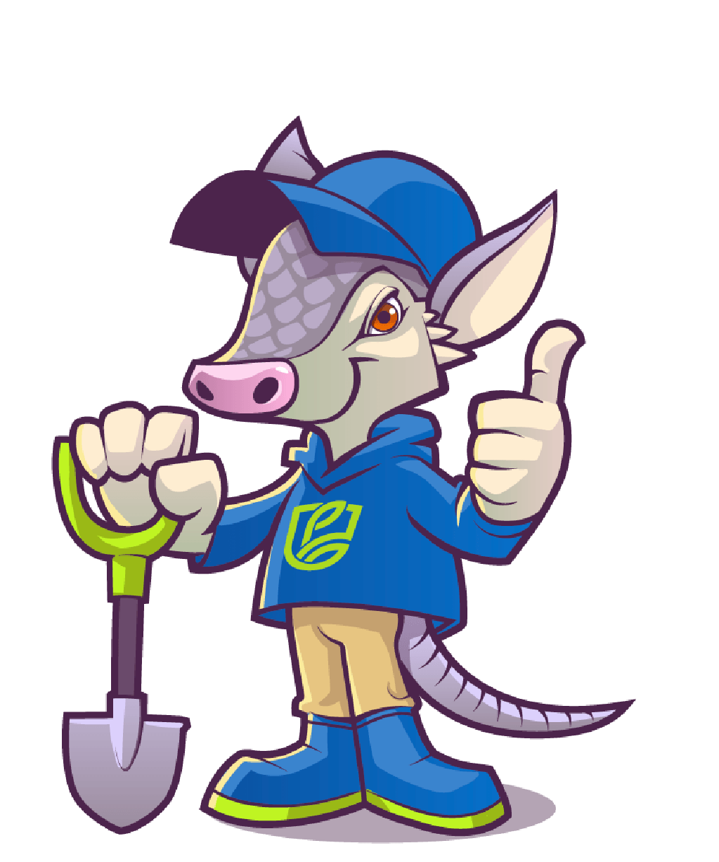 Armadillo Mascot holding a shovel