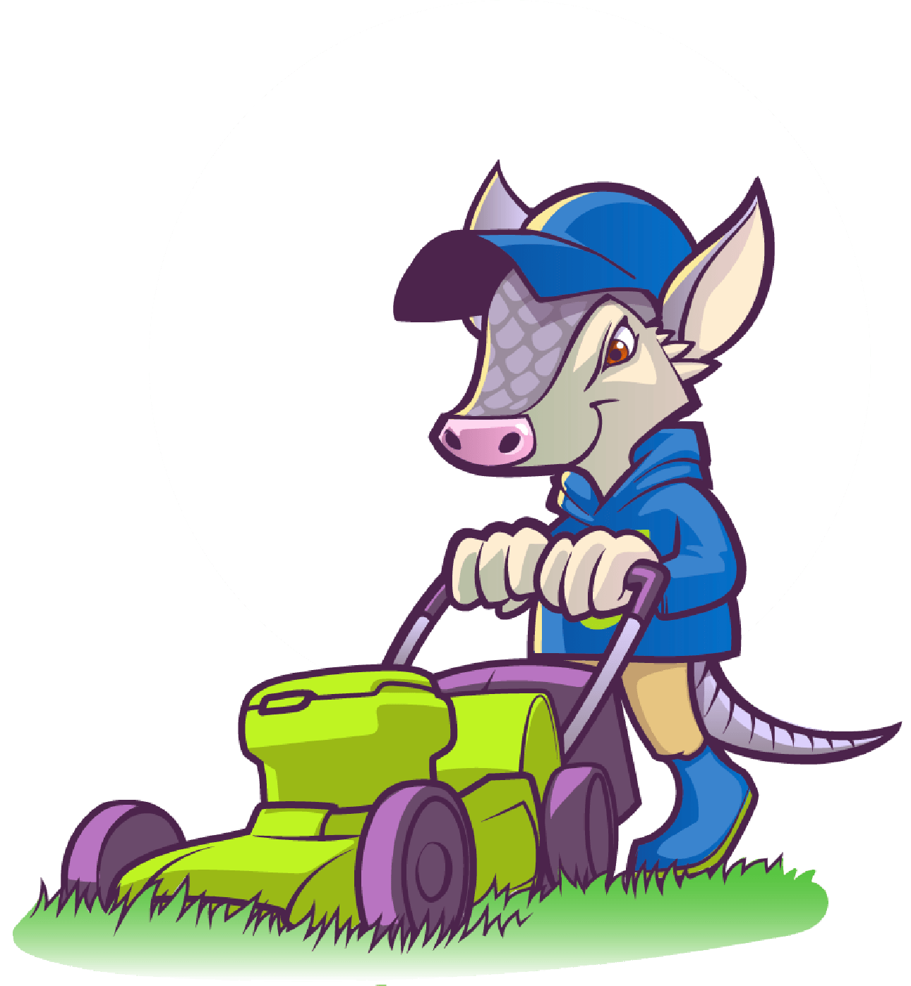 Armadillo Mascot Mowing Grass
