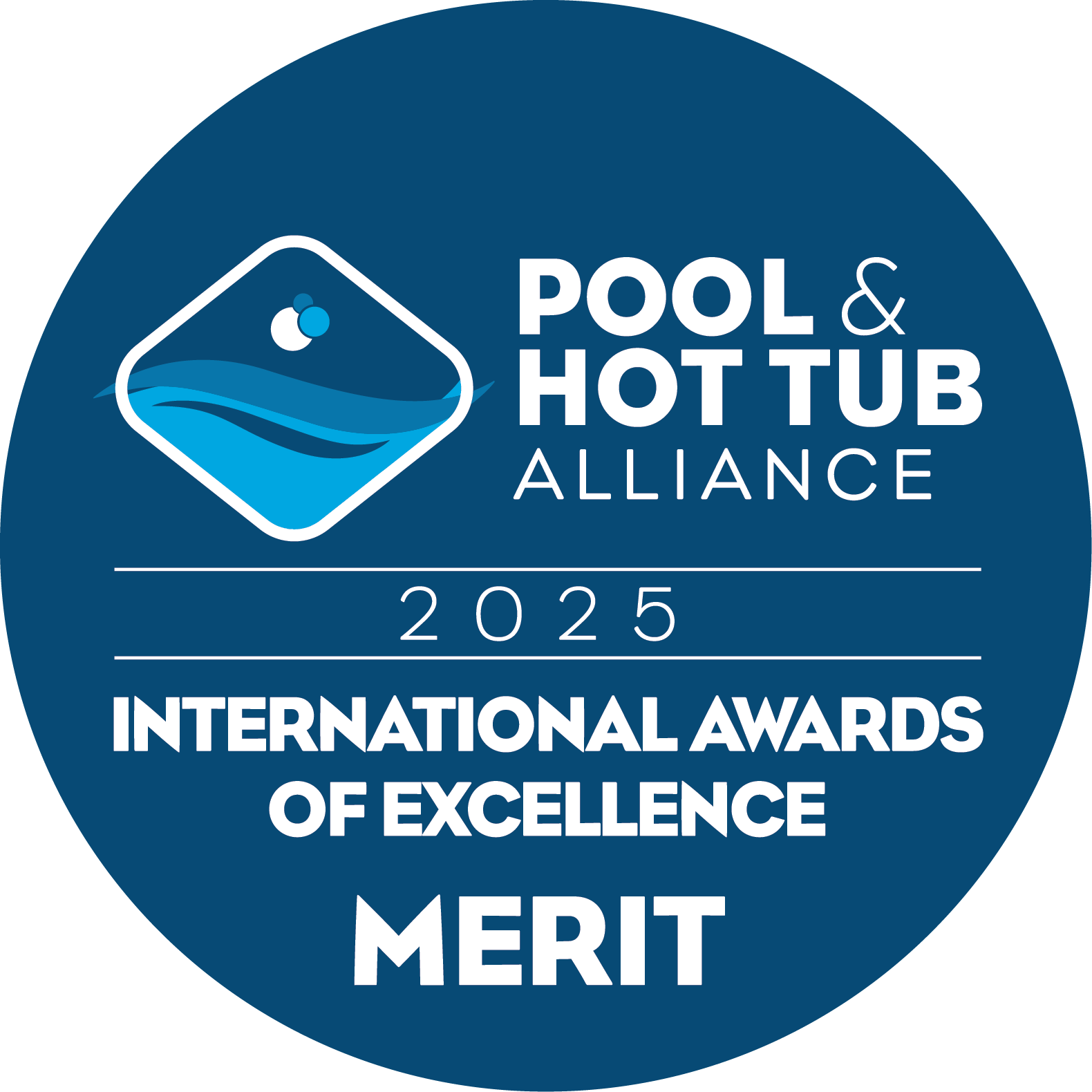 Pool & Hot Tub Alliance award seal. Blue circle with white text. 2025 International Awards of Excellence Merit.