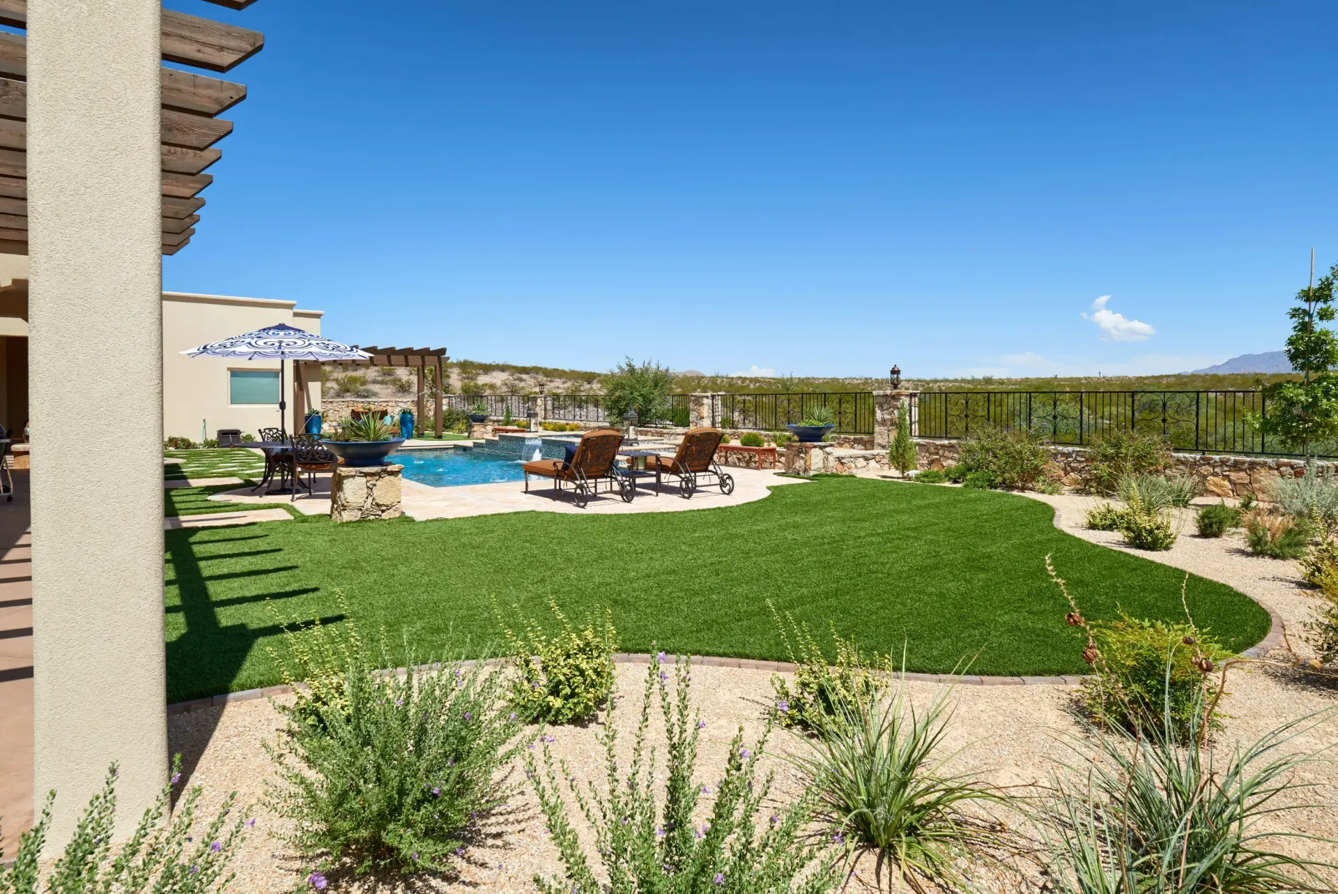 Backyard with pool, sun loungers on a green lawn, and desert landscaping under a bright blue sky.