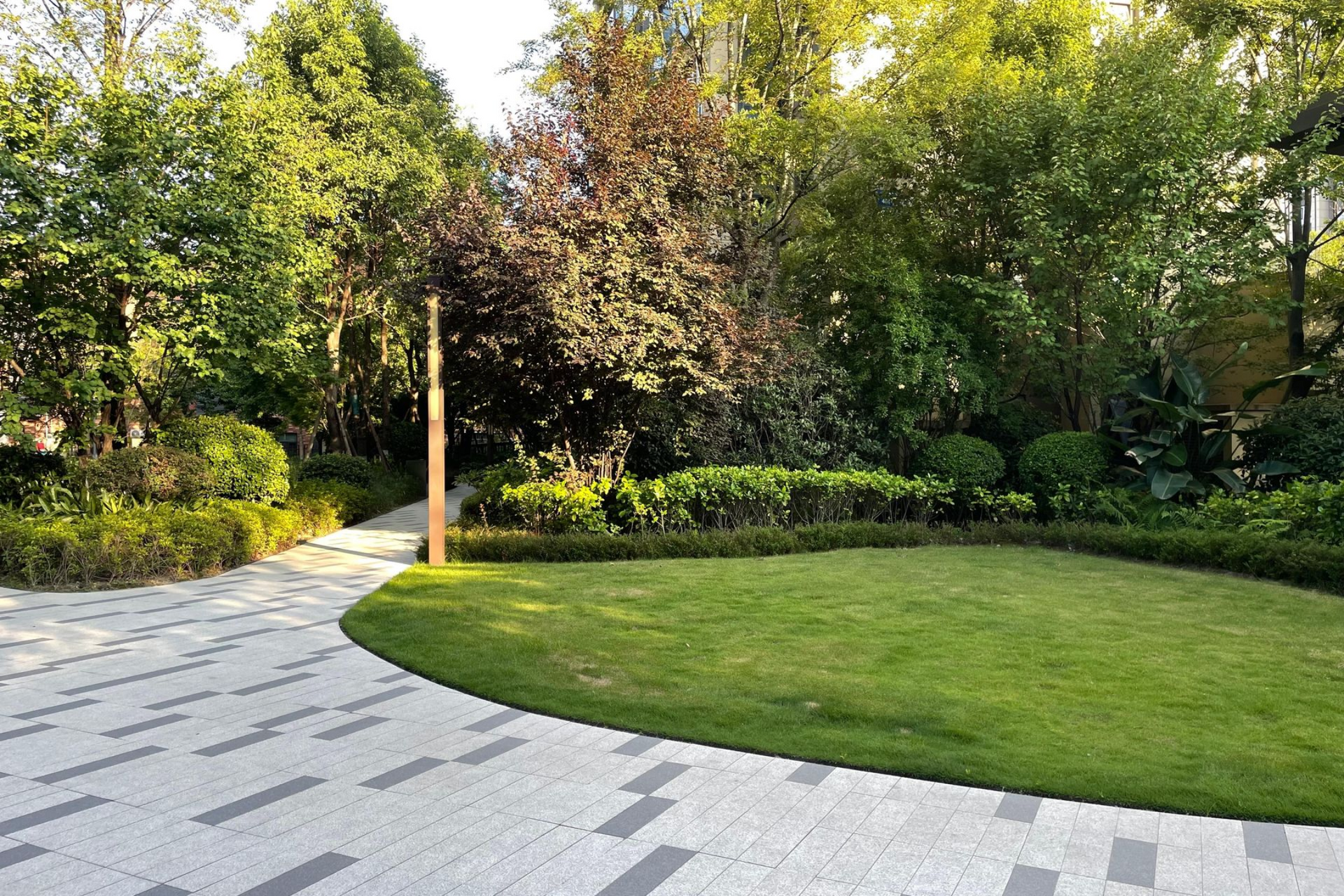 Stone path curves around a green lawn surrounded by bushes and trees in a sunny garden.