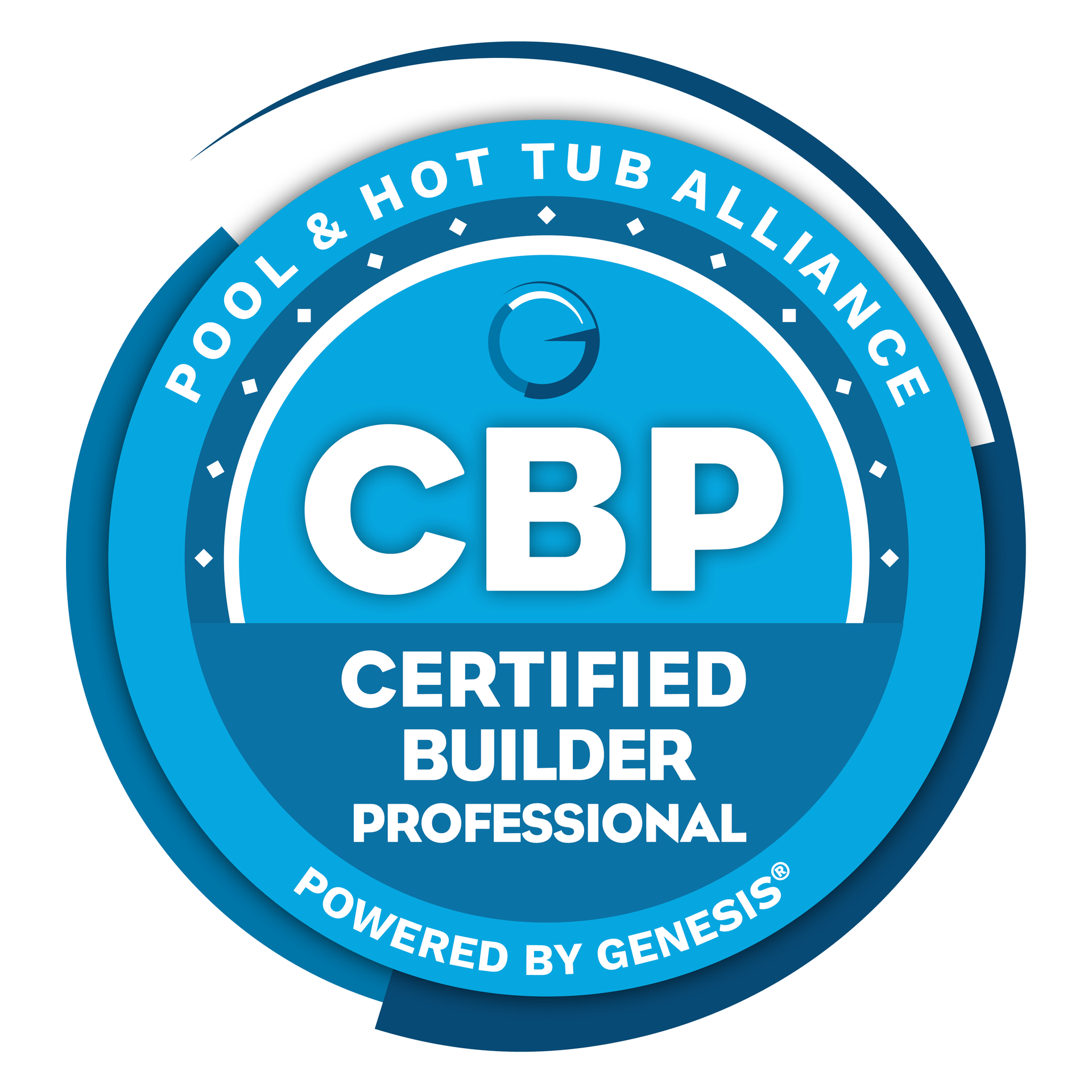 Pool & Hot Tub Alliance CBP Certified Builder Professional logo in blue and white.