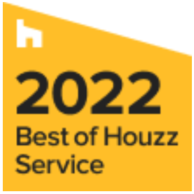 Houzz 2022 Best of Service badge, yellow and black colors, white house icon.