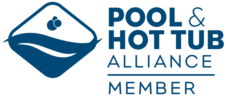Logo for the Pool & Hot Tub Alliance. Blue diamond with waves and bubbles. Text reads
