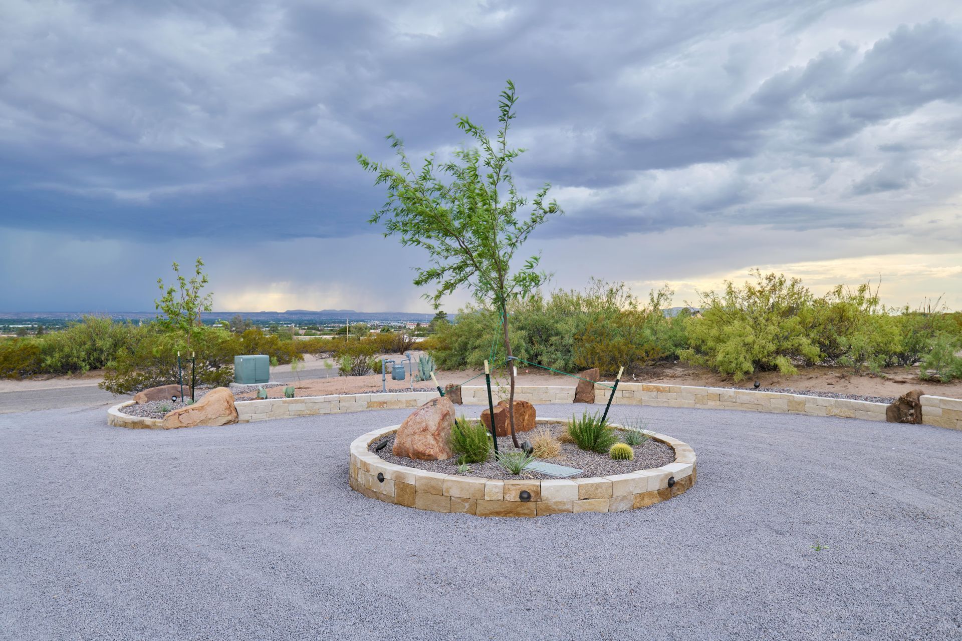 Desert landscaping with young trees, rocks, gravel, and cloudy sky.
