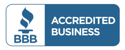 The bbb logo is blue and white and says accredited business