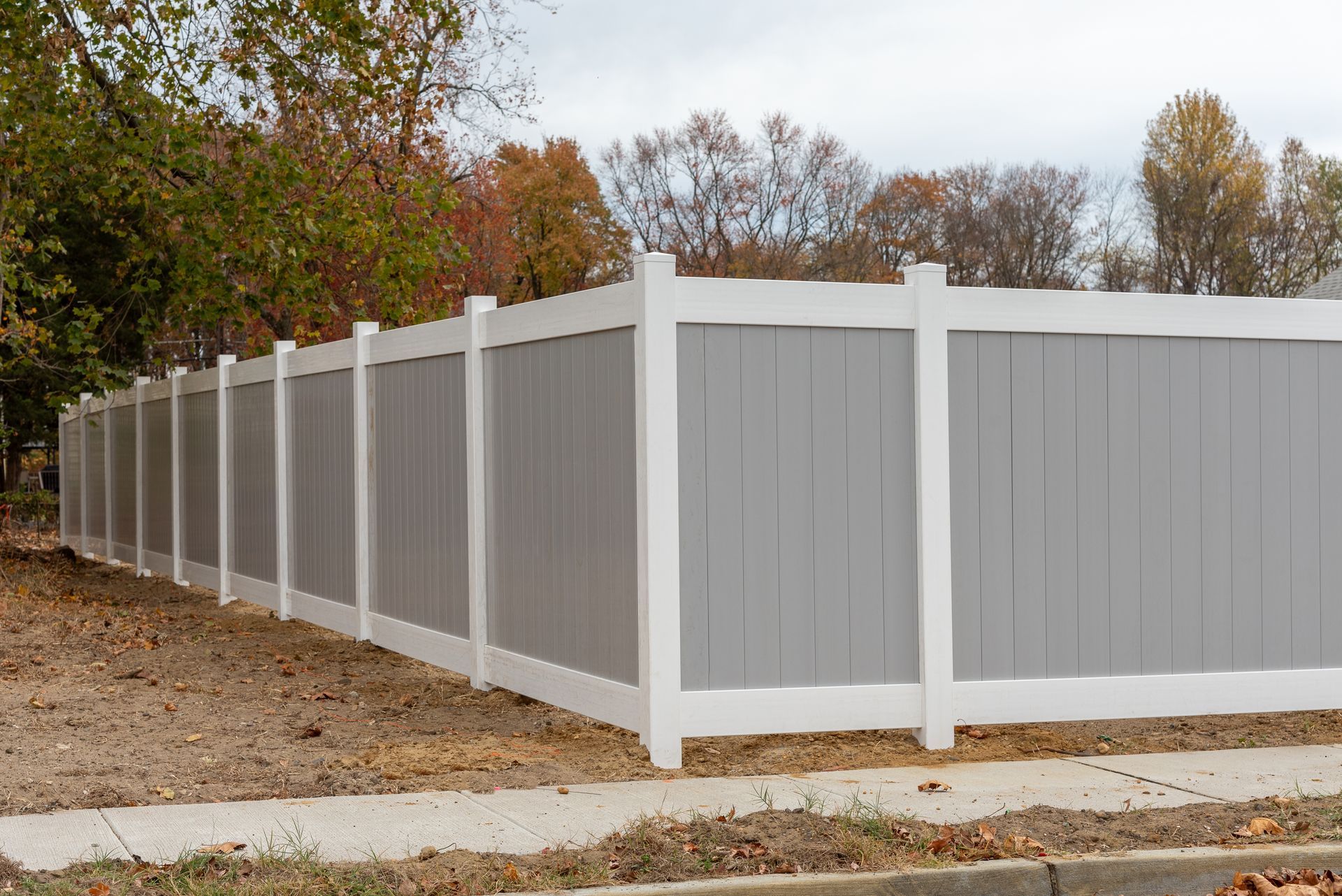 Gray and white vinyl privacy fence in a yard with fall foliage and sidewalk.
