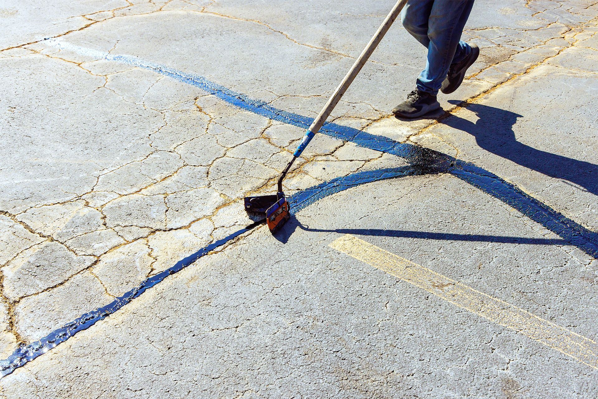 Person painting blue lines on cracked pavement with a long-handled tool.