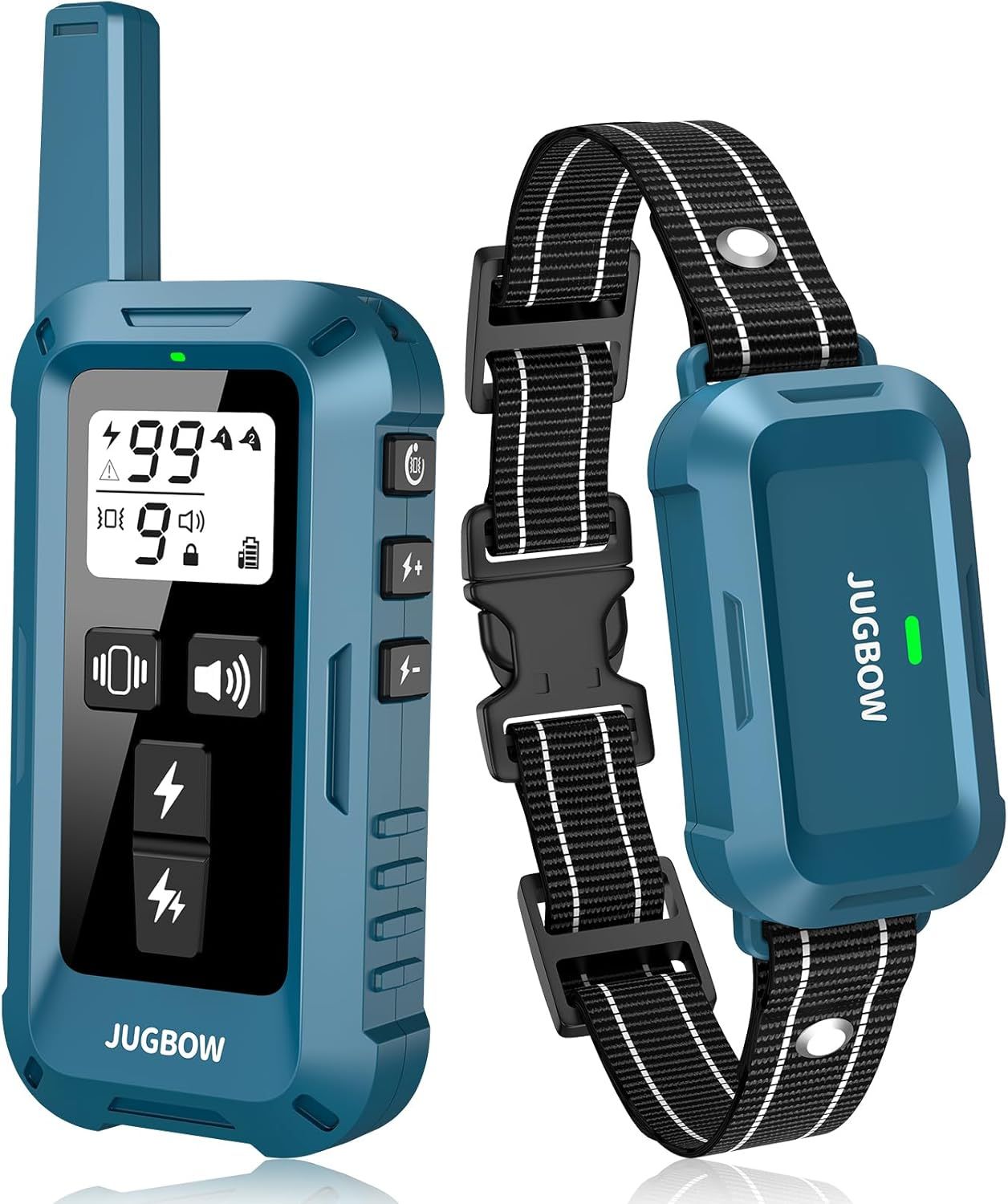 Blue dog training collar with remote control; features buttons and a display screen.