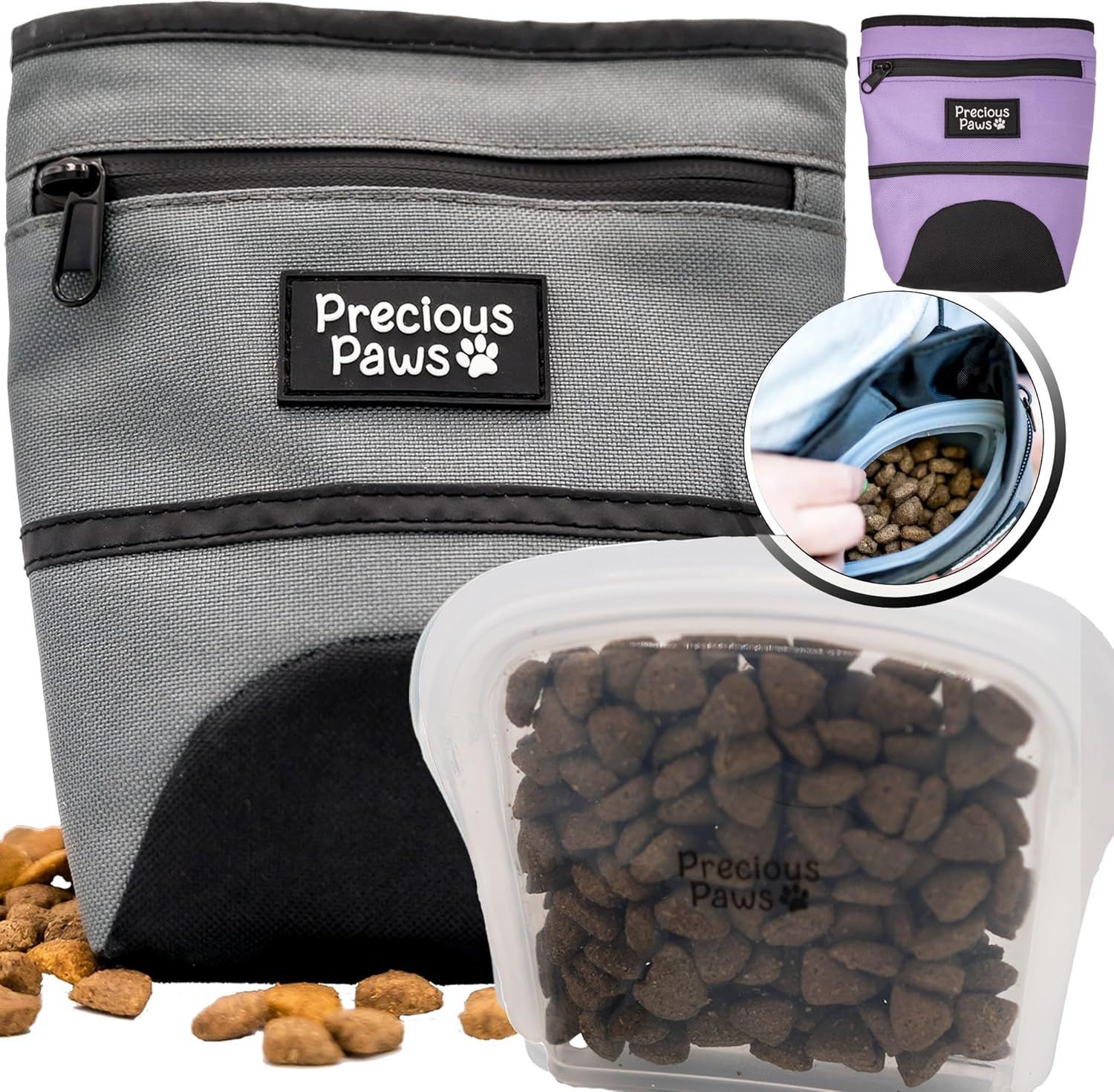 Gray Precious Paws treat bag with zipper, pocket, and dog treats. A purple bag and food-filled container are also shown.