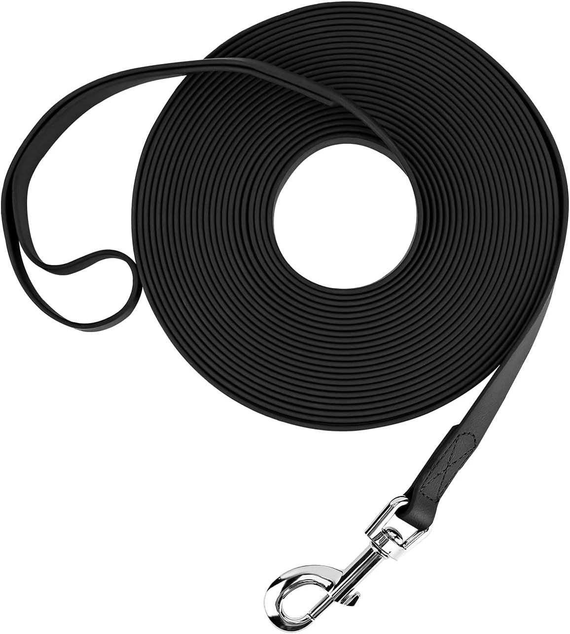 Black long dog training leash, coiled with a metal clip at the end.