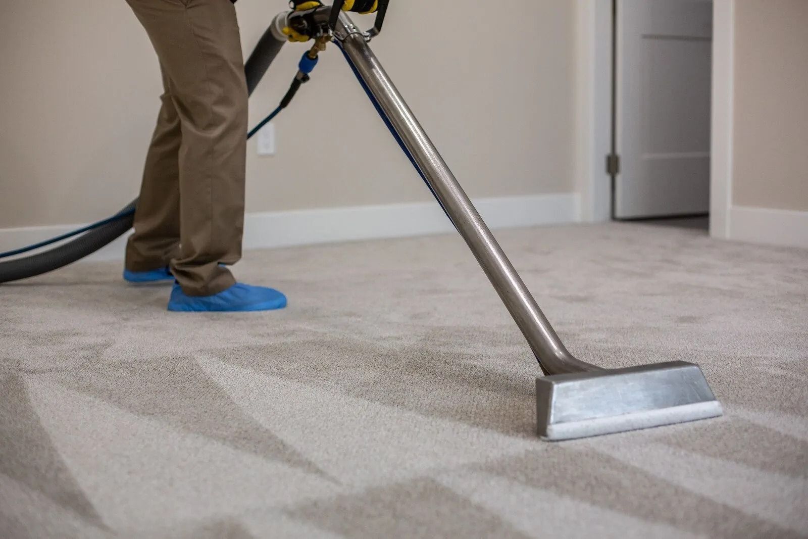 A Person is Vacuuming a Carpet in a Living Room — Total Pest and Carpet Cleaning in Kinka Beach, QLD