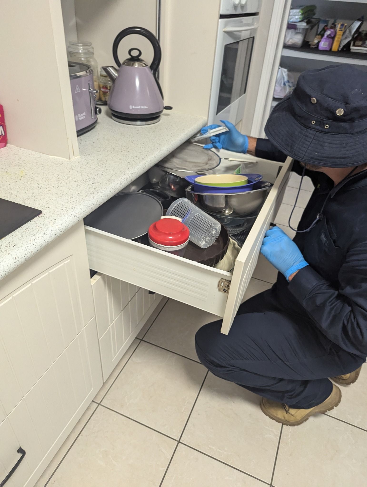 Pest Control Technician Spraying Insecticide Into Damaged Wood — Total Pest and Carpet Cleaning in Yeppoon, QLD