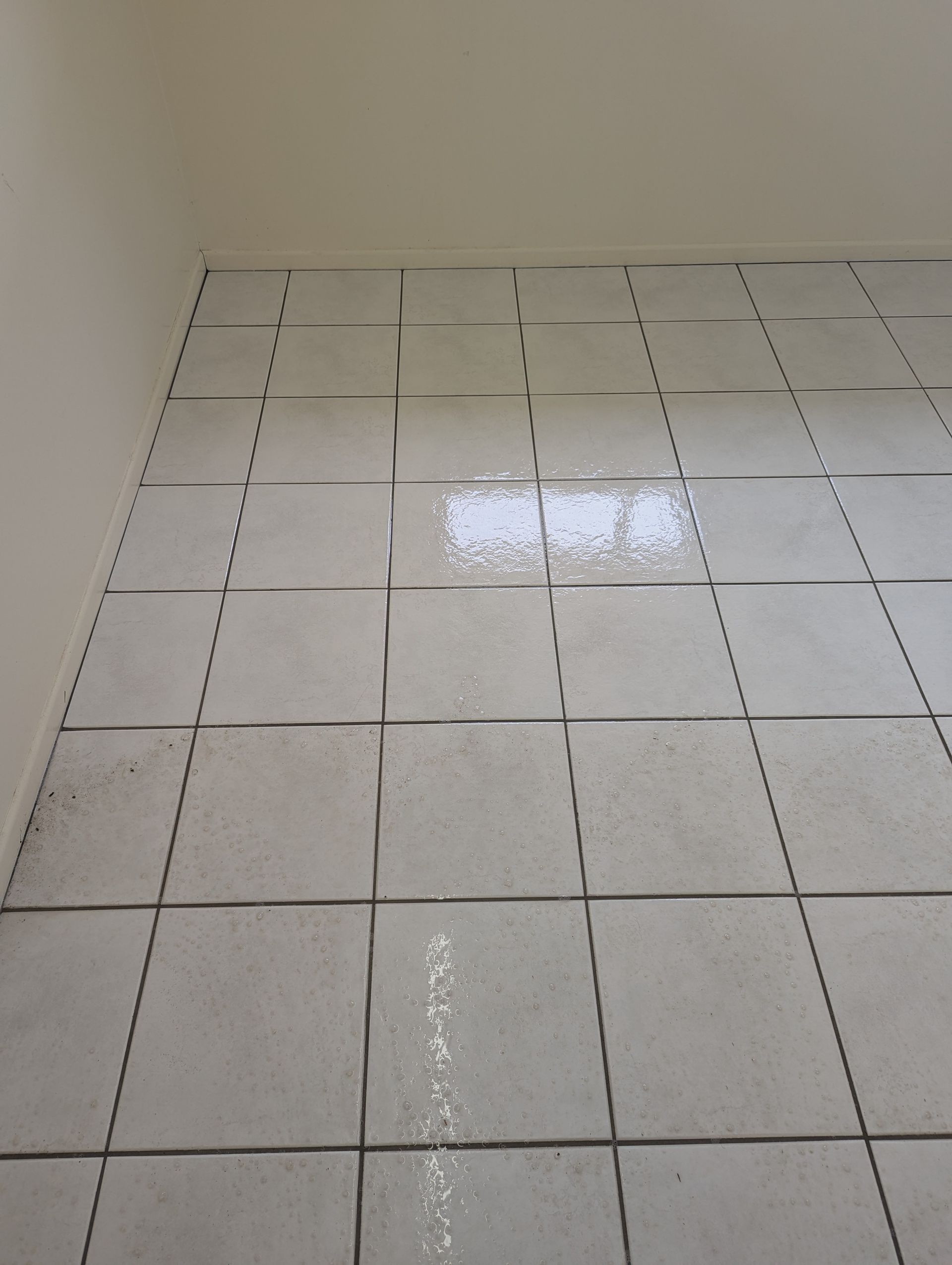 A Person Wearing Orange Gloves is Cleaning a Tile Floor With a Brush — Total Pest and Carpet Cleaning in Kinka Beach, QLD