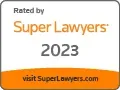 Super Lawyers 2023 badge. Orange and gray text on a white and orange background.