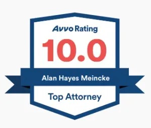 Avvo Rating 10.0 badge for Alan Hayes Meincke, Top Attorney. Red, white, and blue colors.
