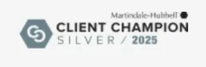 Martindale-Hubbell Client Champion Silver / 2025 badge with a grey hexagonal logo.