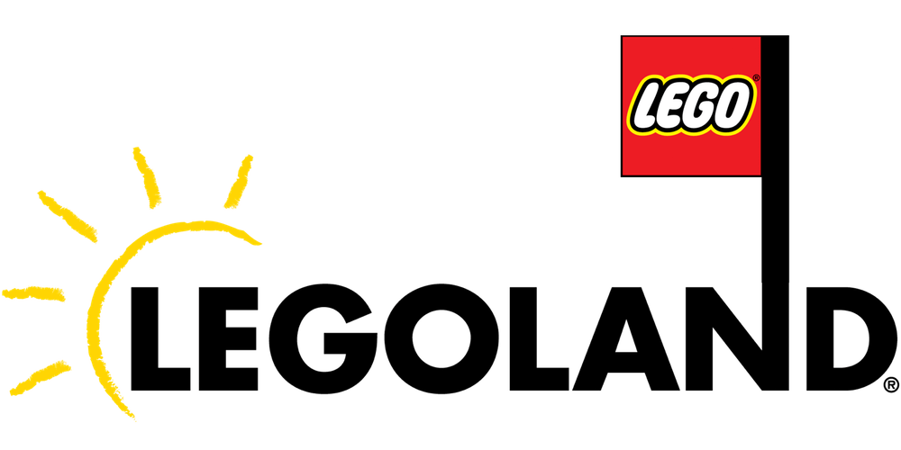 Legoland logo with the word "LEGOLAND" in black text, a yellow sun graphic on the left, and a red flag with the Lego logo on a black pole on the right.