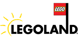 Legoland logo with the word "LEGOLAND" in black text, a yellow sun graphic on the left, and a red flag with the Lego logo on a black pole on the right.