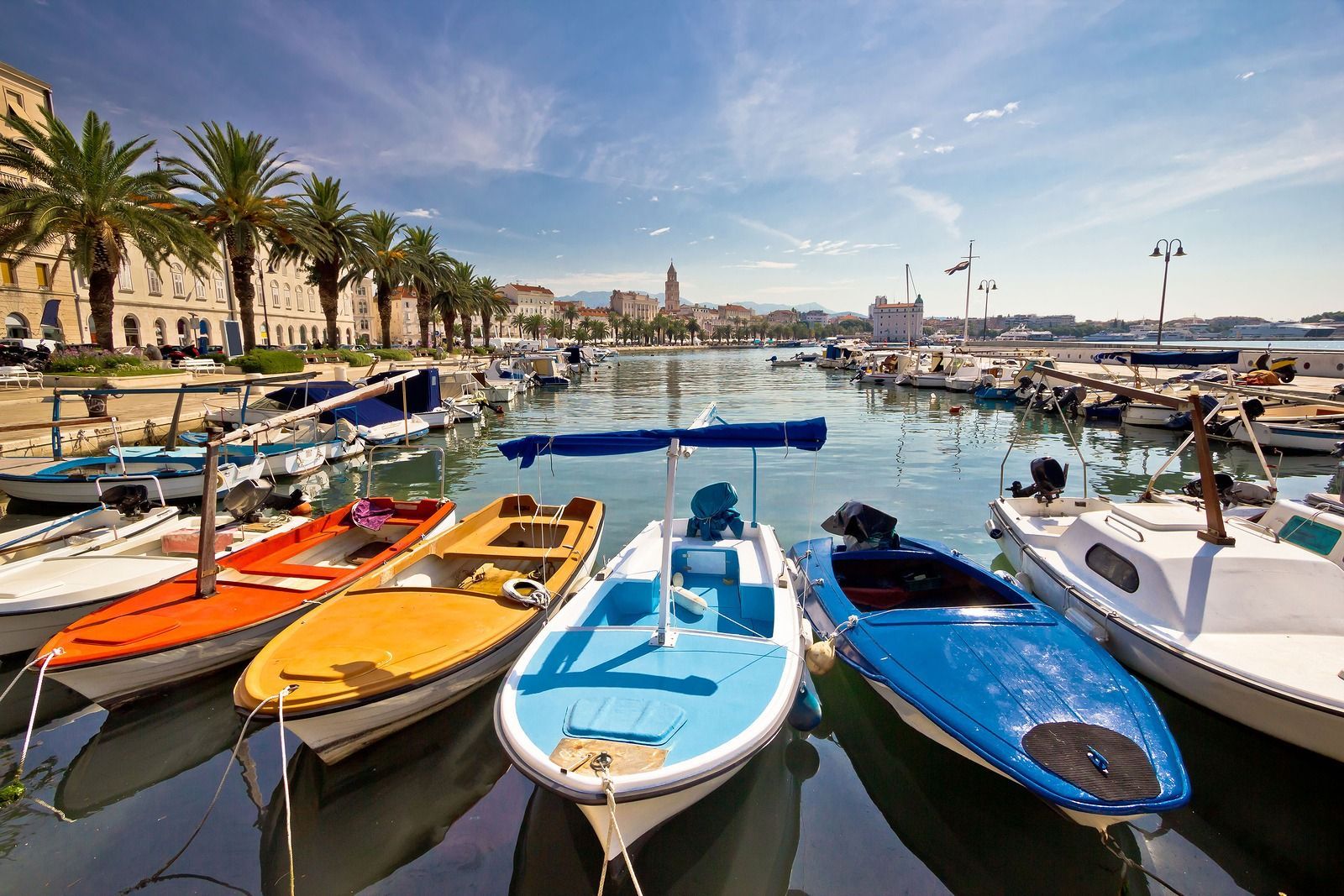 Colorful boats docked in a harbor on a sunny day, with palm trees and buildings in the background.